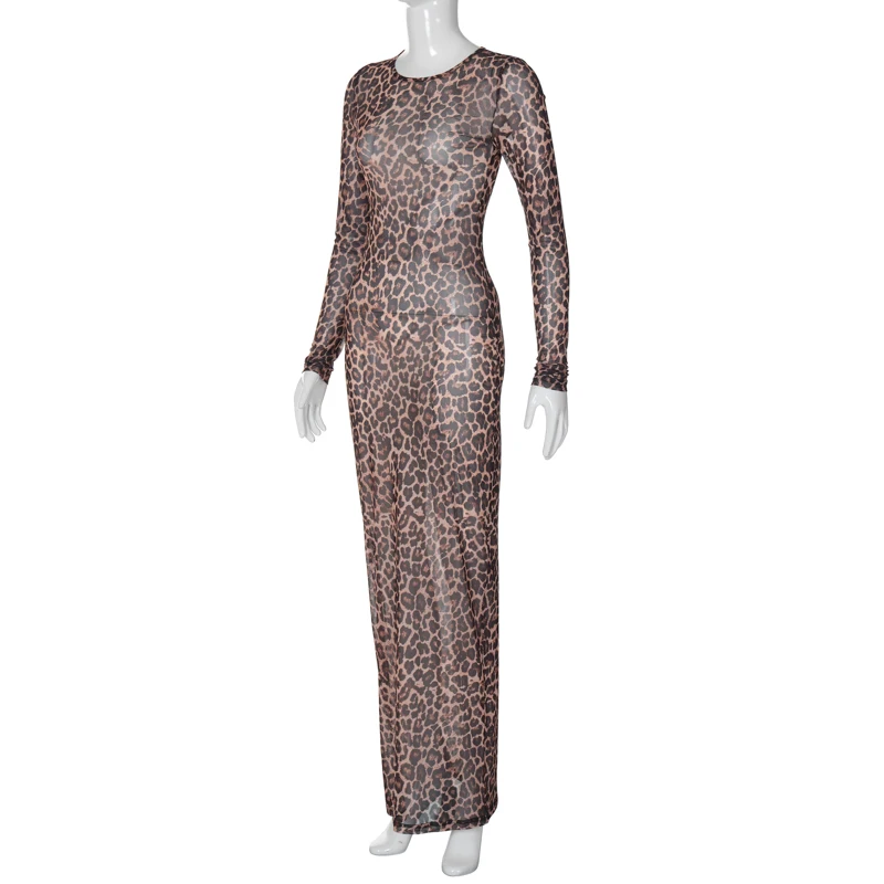 Dress Summer Women Leopard Print Mesh O Neck Long Sleeve Sexy See Through Maxi Fashion Outfits Beach Vacation Nightclub