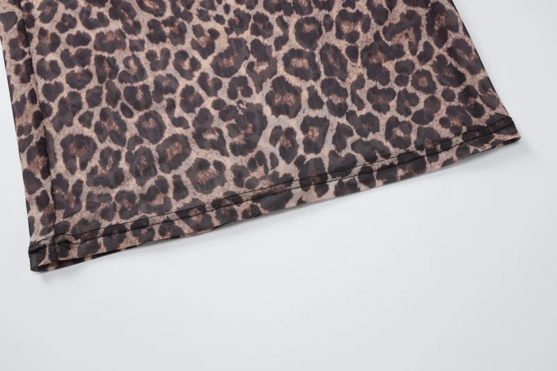 Dress Summer Women Leopard Print Mesh O Neck Long Sleeve Sexy See Through Maxi Fashion Outfits Beach Vacation Nightclub