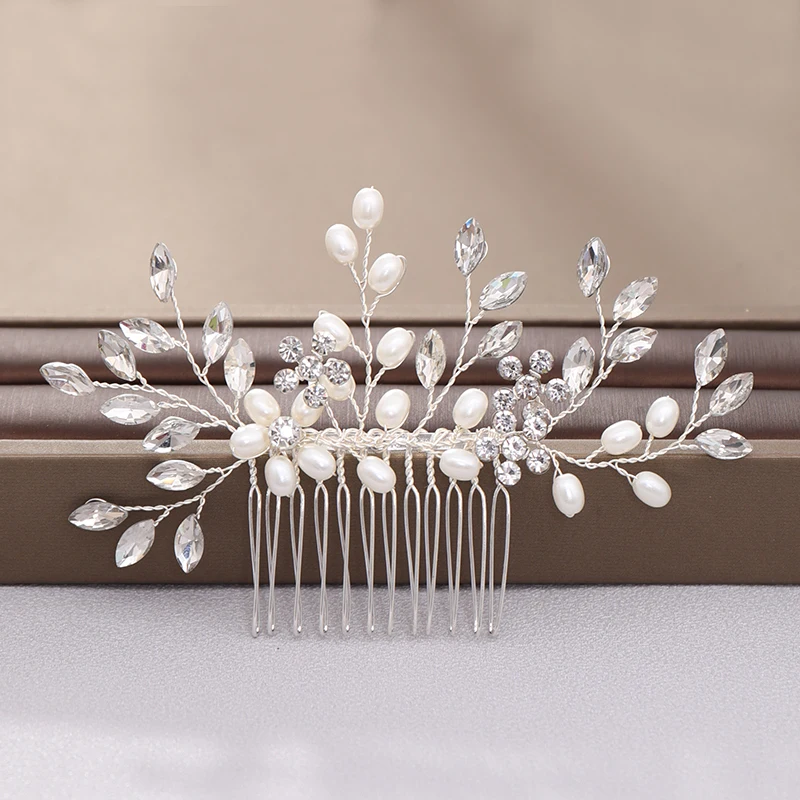 New Pearl Crystal Wedding Hair Combs Hair Accessories Silver Color Women Back Decorative Hair Comb Bridal Headpiece Hair Jewelry
