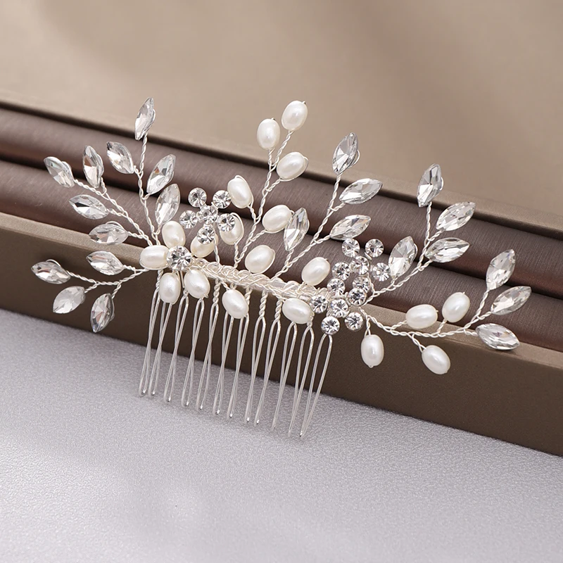 New Pearl Crystal Wedding Hair Combs Hair Accessories Silver Color Women Back Decorative Hair Comb Bridal Headpiece Hair Jewelry