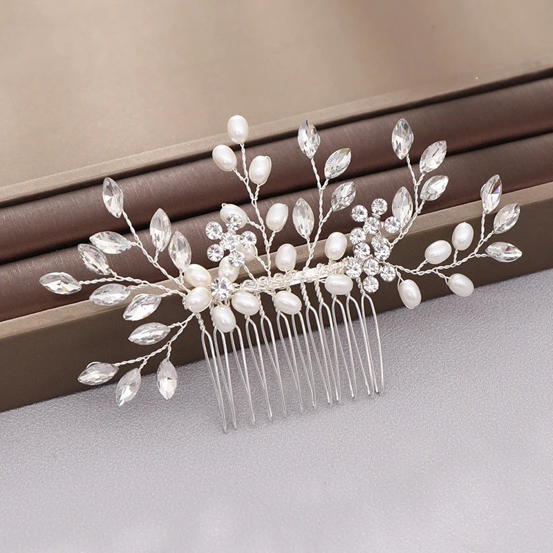 New Pearl Crystal Wedding Hair Combs Hair Accessories Silver Color Women Back Decorative Hair Comb Bridal Headpiece Hair Jewelry