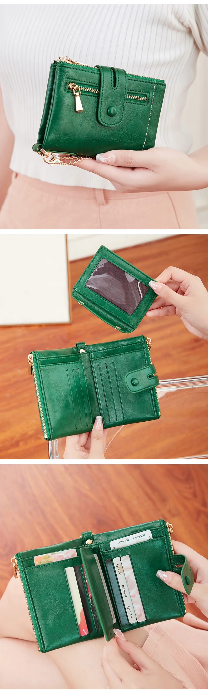 Classic and Fashionable Women's Double Zipper Short Wallet with Detachable Small Card Clip Multifunctional Three Fold Wallet