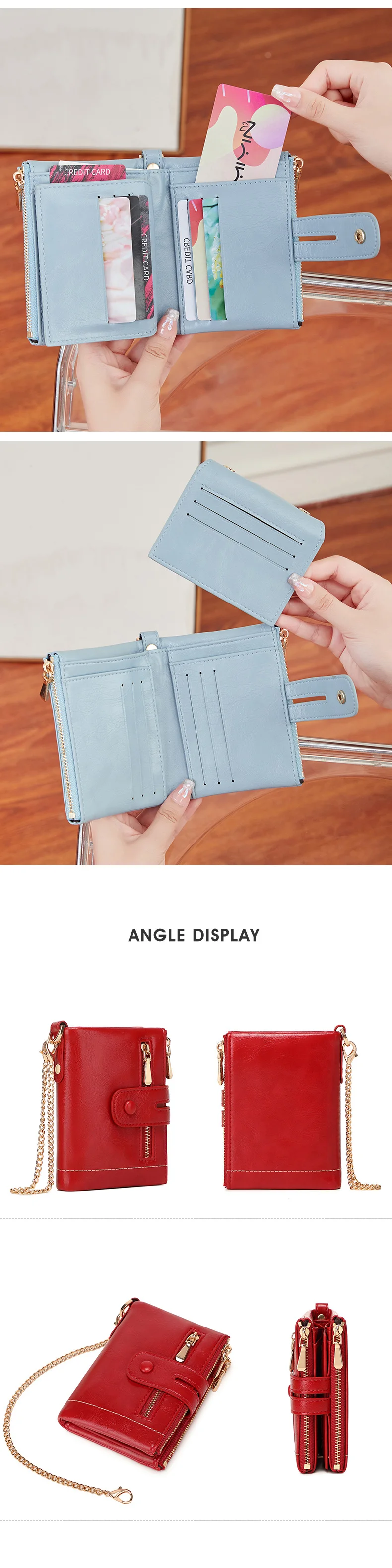 Classic and Fashionable Women's Double Zipper Short Wallet with Detachable Small Card Clip Multifunctional Three Fold Wallet