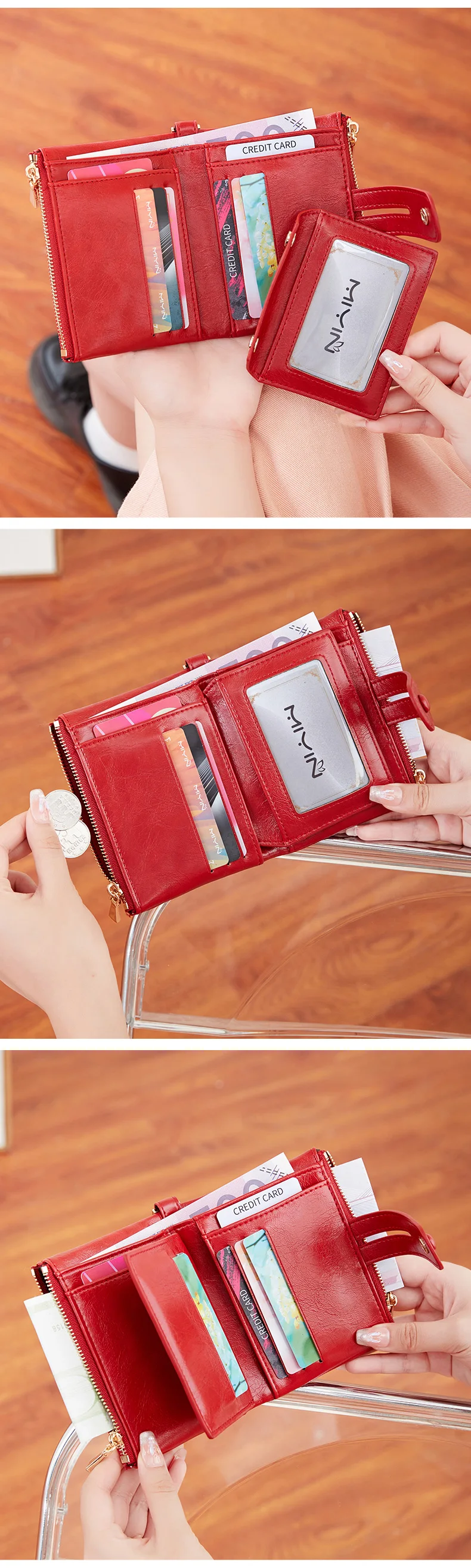 Classic and Fashionable Women's Double Zipper Short Wallet with Detachable Small Card Clip Multifunctional Three Fold Wallet