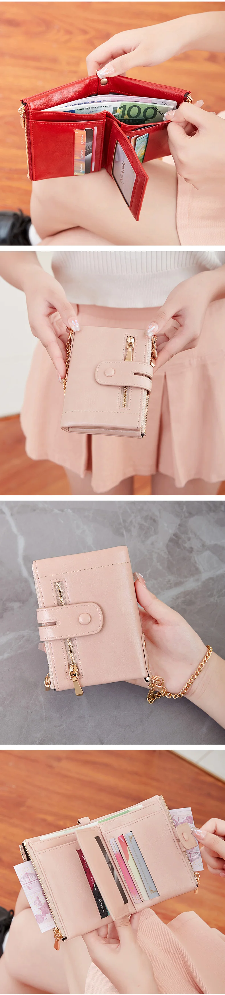 Classic and Fashionable Women's Double Zipper Short Wallet with Detachable Small Card Clip Multifunctional Three Fold Wallet