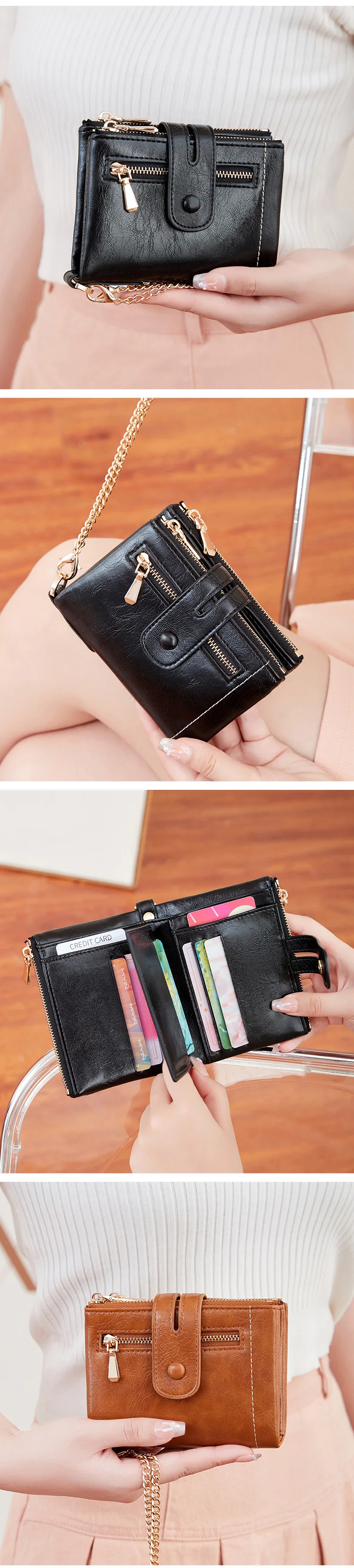 Classic and Fashionable Women's Double Zipper Short Wallet with Detachable Small Card Clip Multifunctional Three Fold Wallet