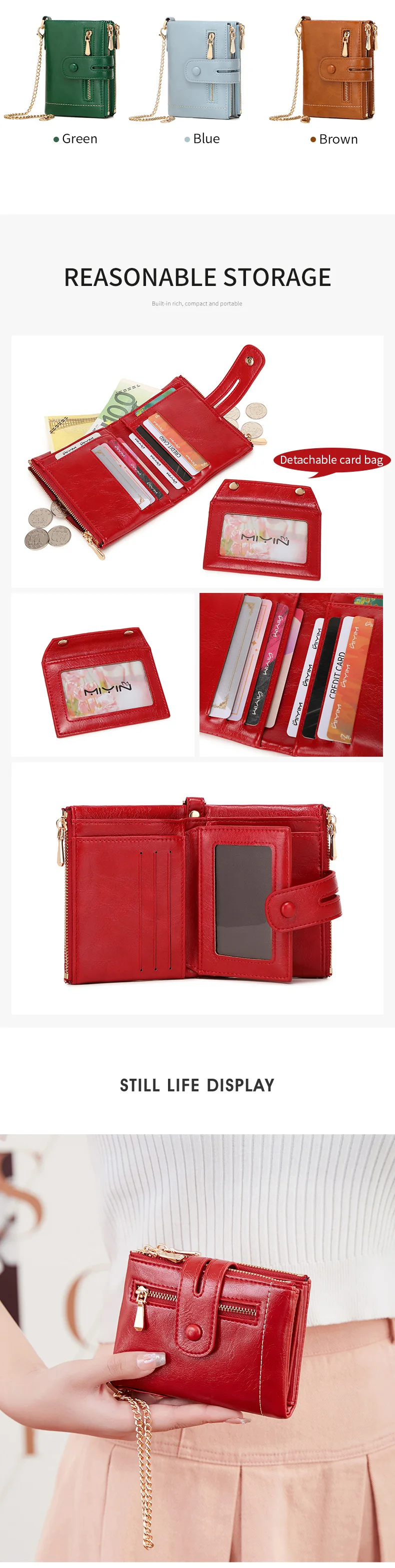 Classic and Fashionable Women's Double Zipper Short Wallet with Detachable Small Card Clip Multifunctional Three Fold Wallet