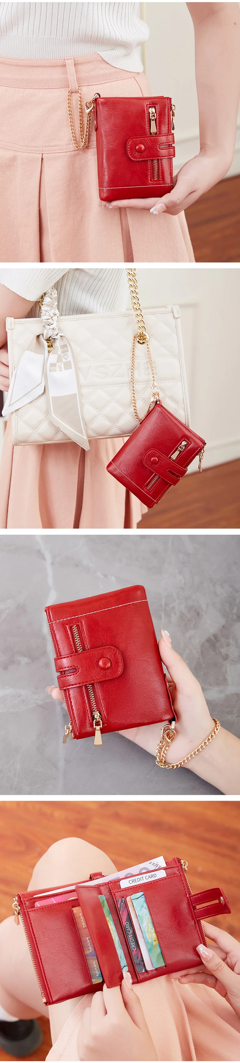 Classic and Fashionable Women's Double Zipper Short Wallet with Detachable Small Card Clip Multifunctional Three Fold Wallet