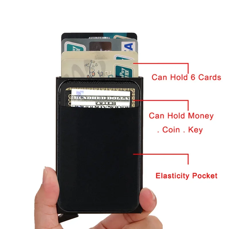 Slim Aluminum Wallet with Elasticity Back Pouch Coin Pocket ID Credit Card Holder Automatic Pop Up Bank Case Mini RFID Wallet