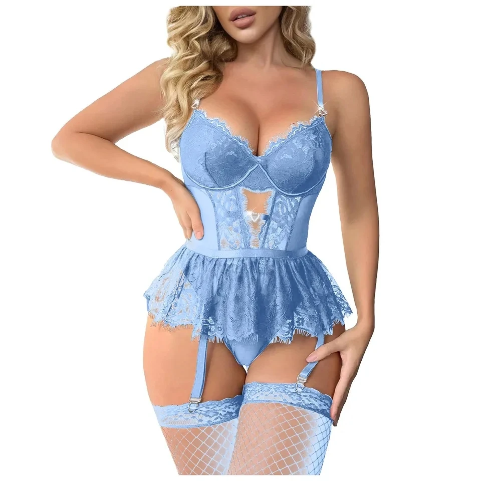 2-Piece Sexy Underwire Push Up Bra Set Erotic Intimates Spaghetti Strap Lingerie Set Lace Bodysuit Women Backless Sexy Costumes