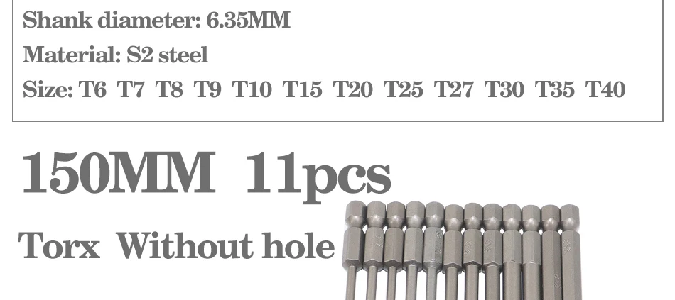 8pcs/12pcs 50mm-200mm T6-T45 Magnetic Torx Screwdriver Bits Set Electric Screwdriver head T10, T15, T20, T25, T27, T30 T35 T45