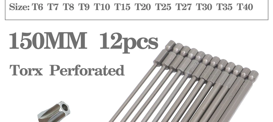 8pcs/12pcs 50mm-200mm T6-T45 Magnetic Torx Screwdriver Bits Set Electric Screwdriver head T10, T15, T20, T25, T27, T30 T35 T45