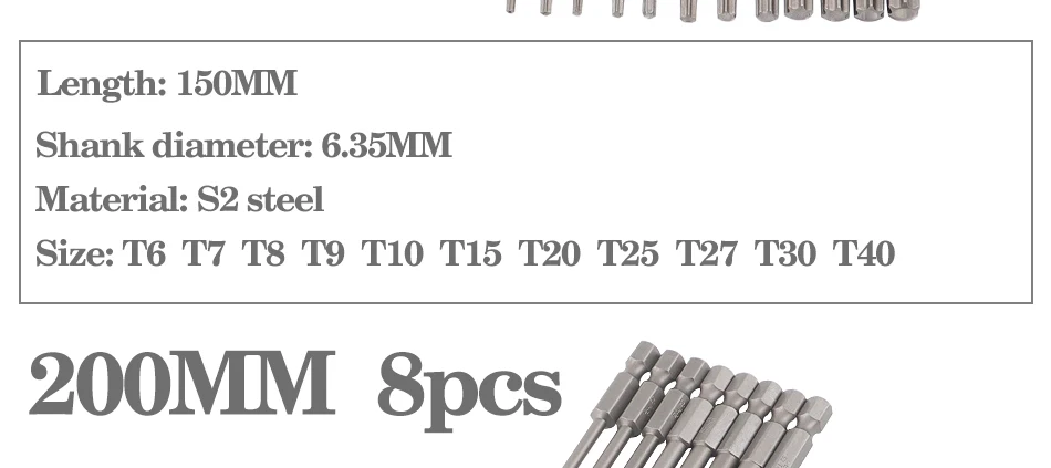 8pcs/12pcs 50mm-200mm T6-T45 Magnetic Torx Screwdriver Bits Set Electric Screwdriver head T10, T15, T20, T25, T27, T30 T35 T45