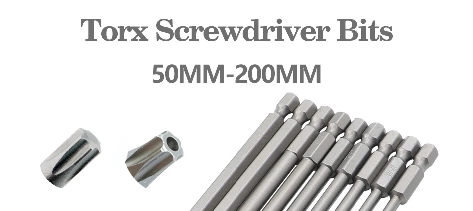 8pcs/12pcs 50mm-200mm T6-T45 Magnetic Torx Screwdriver Bits Set Electric Screwdriver head T10, T15, T20, T25, T27, T30 T35 T45
