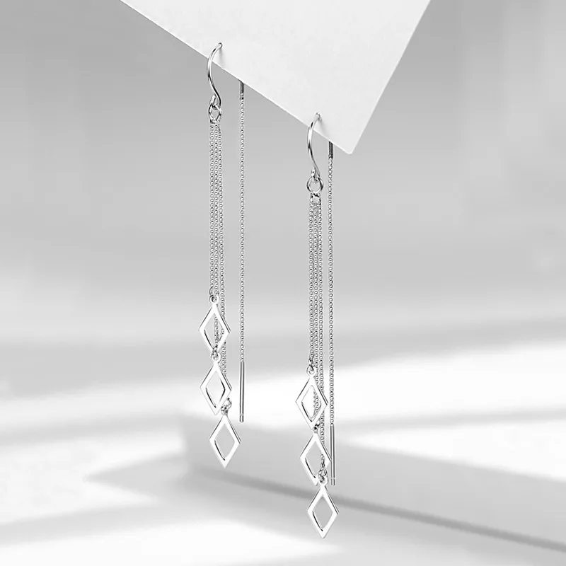 CIAXY Silver Color Geometric Rhombus Earrings for Women Temperament Tassel Long Ear Line Earring 2021 Fashion Jewelry Gift