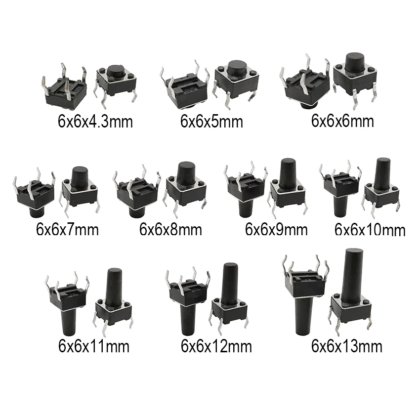 50Pcs 6x6mm Tactile Tact Mini Push Button Switch PCB Panel Momentary DIP 4 Pin Self-Reset Switch 6*6*4.3/5/6/7/8/9/10/11/12/13MM