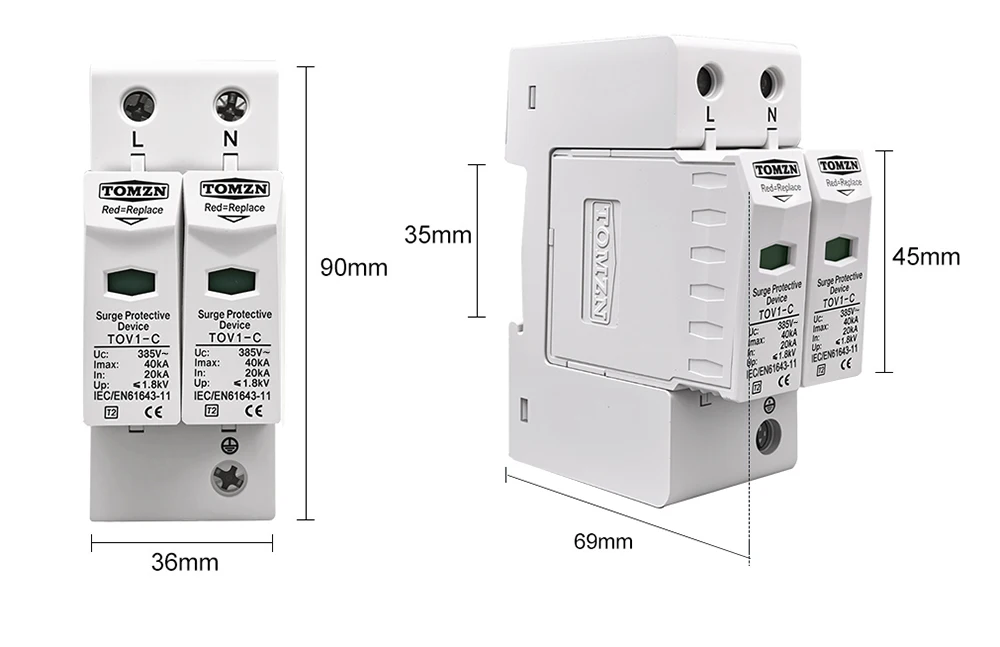 TOMZN AC SPD 2P House Surge Protector Protection Protective Low-voltage Arrester Device 10-20kA 20-40kA 30-60kA 275V 385V 420V