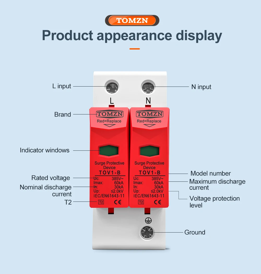 TOMZN AC SPD 2P House Surge Protector Protection Protective Low-voltage Arrester Device 10-20kA 20-40kA 30-60kA 275V 385V 420V