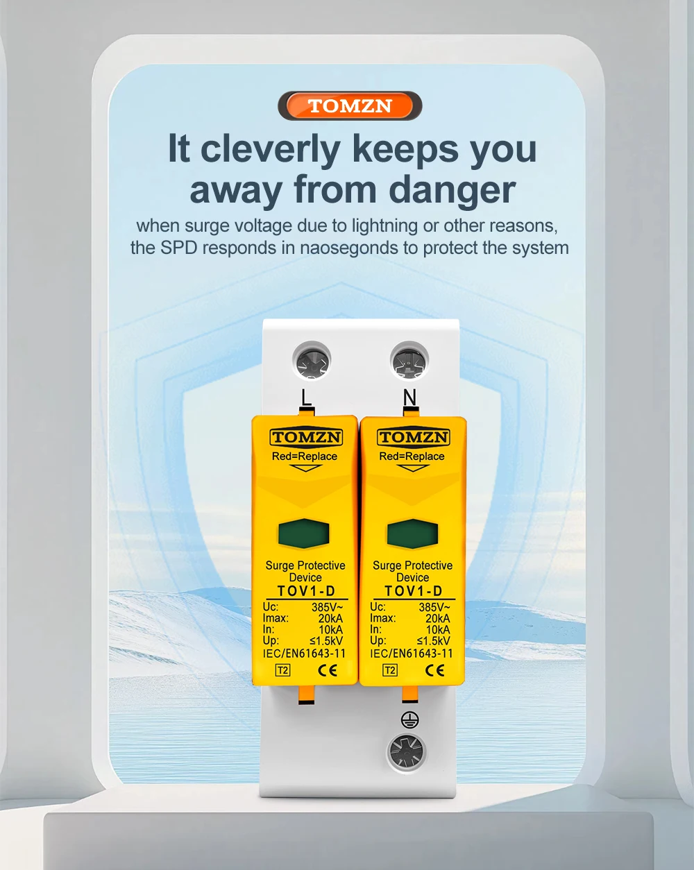TOMZN AC SPD 2P House Surge Protector Protection Protective Low-voltage Arrester Device 10-20kA 20-40kA 30-60kA 275V 385V 420V