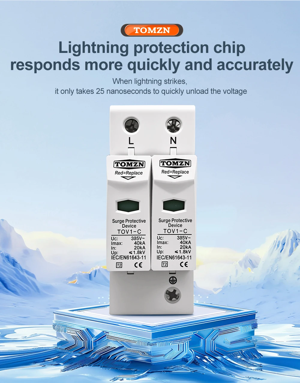 TOMZN AC SPD 2P House Surge Protector Protection Protective Low-voltage Arrester Device 10-20kA 20-40kA 30-60kA 275V 385V 420V