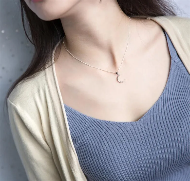 Korean Style New Fashion Sweet Moon 925 Sterling Silver Jewelry Temperament Crescent Clavicle Chain Pendant Necklaces XL031
