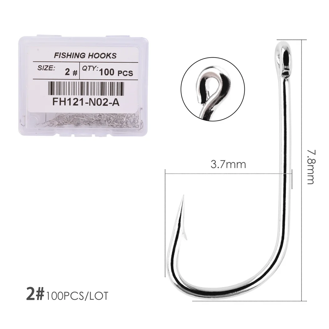 100pcs Fishing Hooks Pint Hook with Eyes Sea Hook Stainless Steel White Big Extra Long Shank Owner Fishhook Fishing Tackle Box