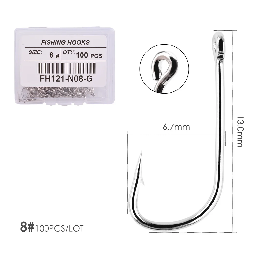 100pcs Fishing Hooks Pint Hook with Eyes Sea Hook Stainless Steel White Big Extra Long Shank Owner Fishhook Fishing Tackle Box