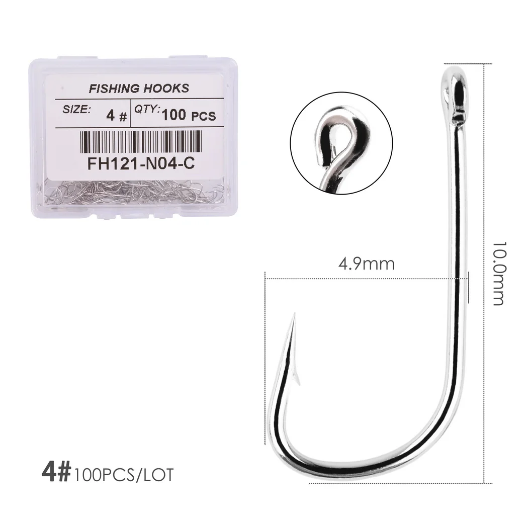 100pcs Fishing Hooks Pint Hook with Eyes Sea Hook Stainless Steel White Big Extra Long Shank Owner Fishhook Fishing Tackle Box