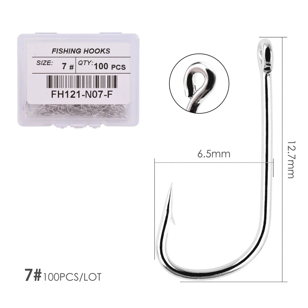 100pcs Fishing Hooks Pint Hook with Eyes Sea Hook Stainless Steel White Big Extra Long Shank Owner Fishhook Fishing Tackle Box
