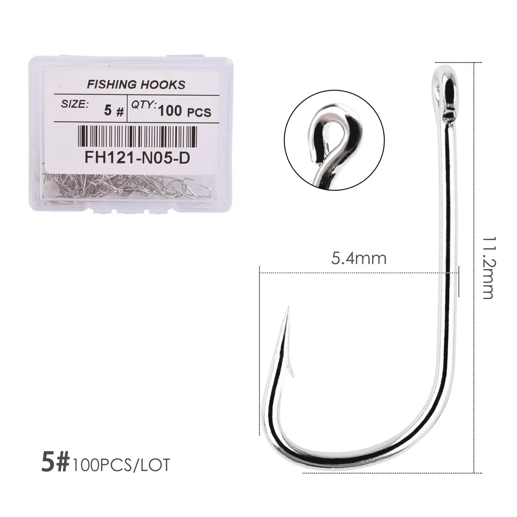 100pcs Fishing Hooks Pint Hook with Eyes Sea Hook Stainless Steel White Big Extra Long Shank Owner Fishhook Fishing Tackle Box