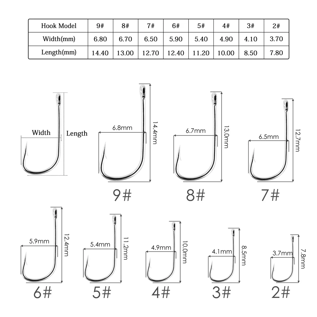 100pcs Fishing Hooks Pint Hook with Eyes Sea Hook Stainless Steel White Big Extra Long Shank Owner Fishhook Fishing Tackle Box
