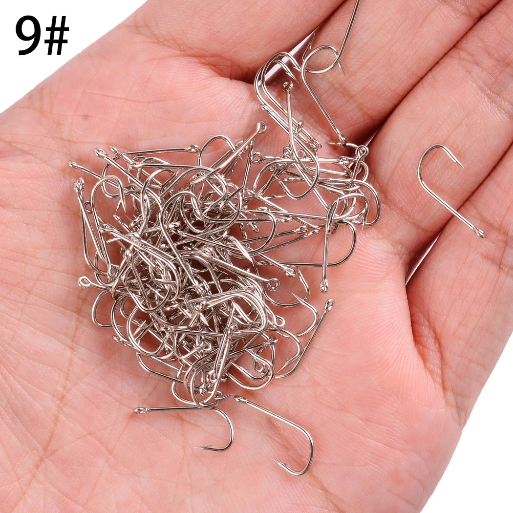 100pcs Fishing Hooks Pint Hook with Eyes Sea Hook Stainless Steel White Big Extra Long Shank Owner Fishhook Fishing Tackle Box