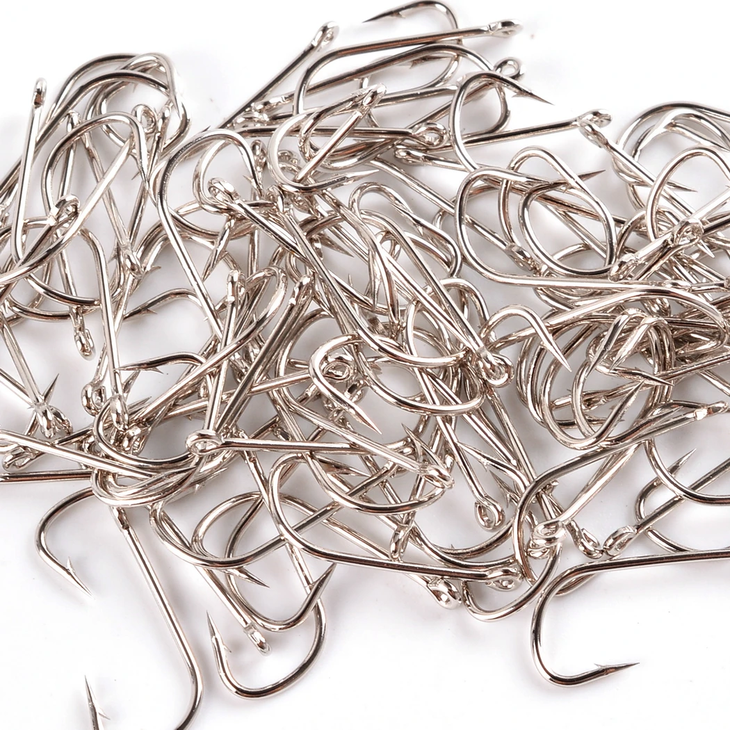 100pcs Fishing Hooks Pint Hook with Eyes Sea Hook Stainless Steel White Big Extra Long Shank Owner Fishhook Fishing Tackle Box