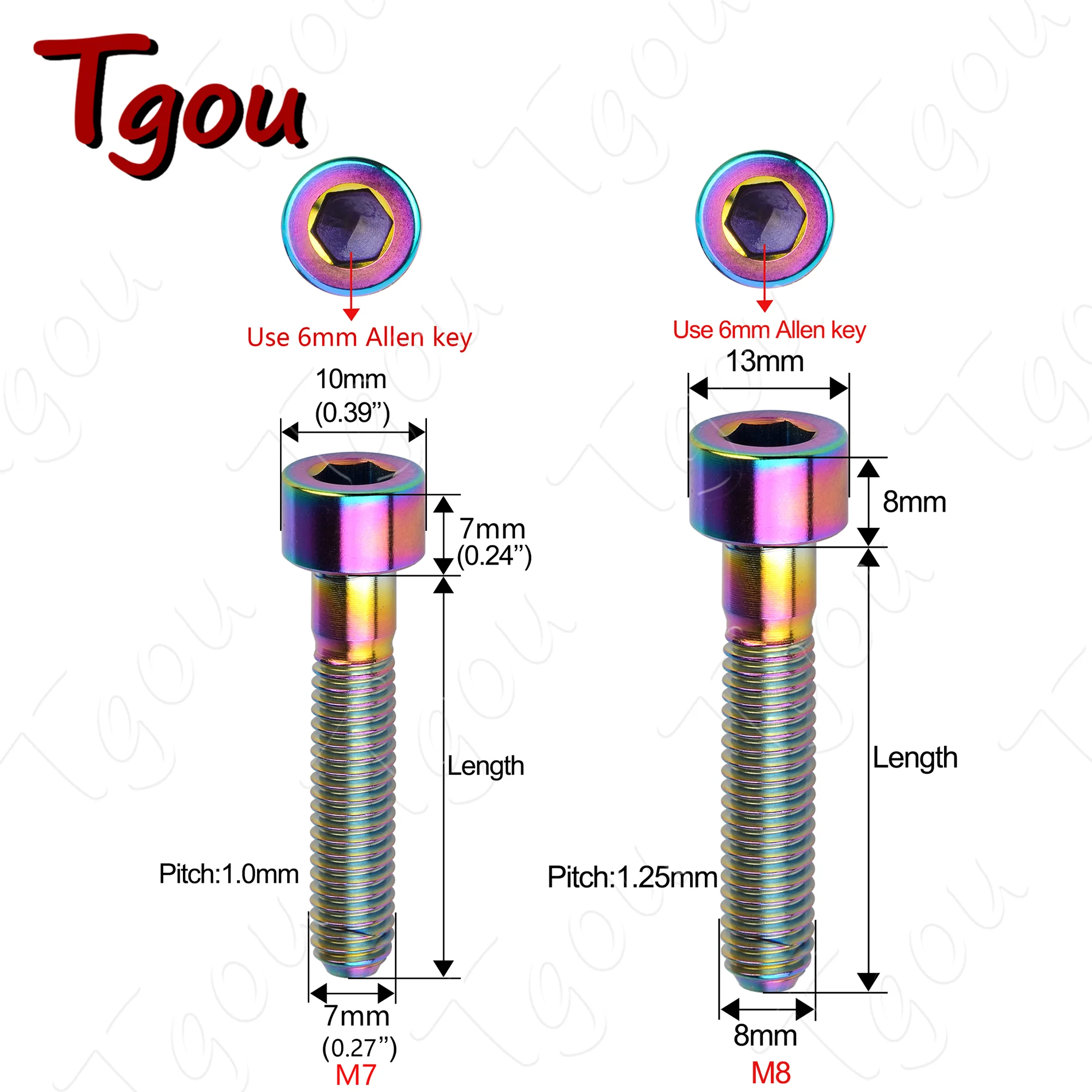Tgou Titanium Bolt M7/M8x15 20 25 30 32 35 40 43 45 50 60 70mm Allen Key Head Ti Screws for Bicycle Motorcycle Car