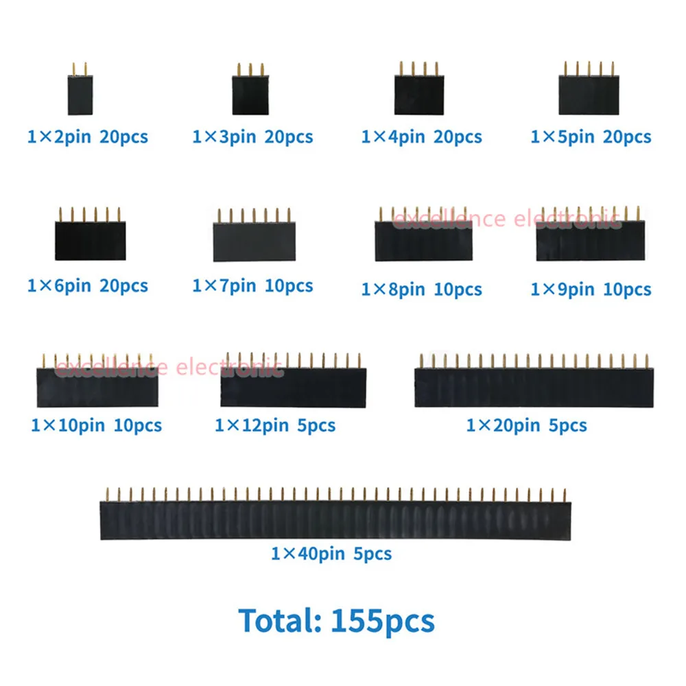 155pcs/Box 2.54mm Single Row Pin Socket Female Header Connector 2/3/4/5/6/7/8/9/10/12/20/40pin PCB Board Combination Kit