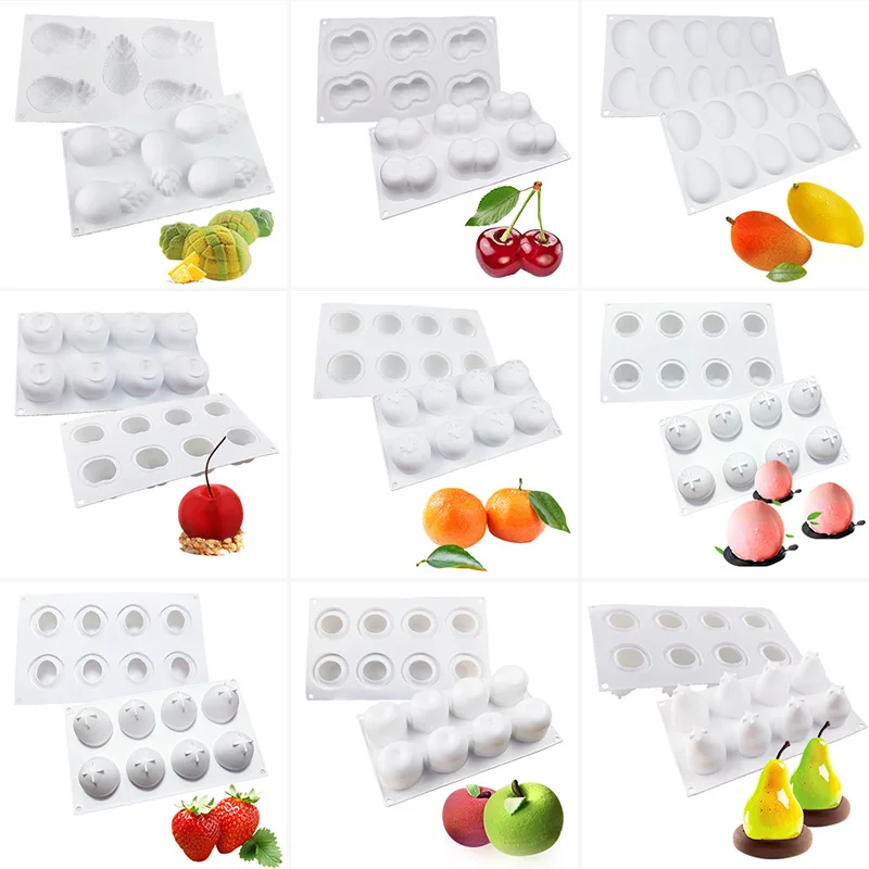 1pcs Pineapple Pear Peach Fruit Series Cake Silicone Mold Mango Orange Baking Mousse Mould Strawberry French Dessert Mousse Mold