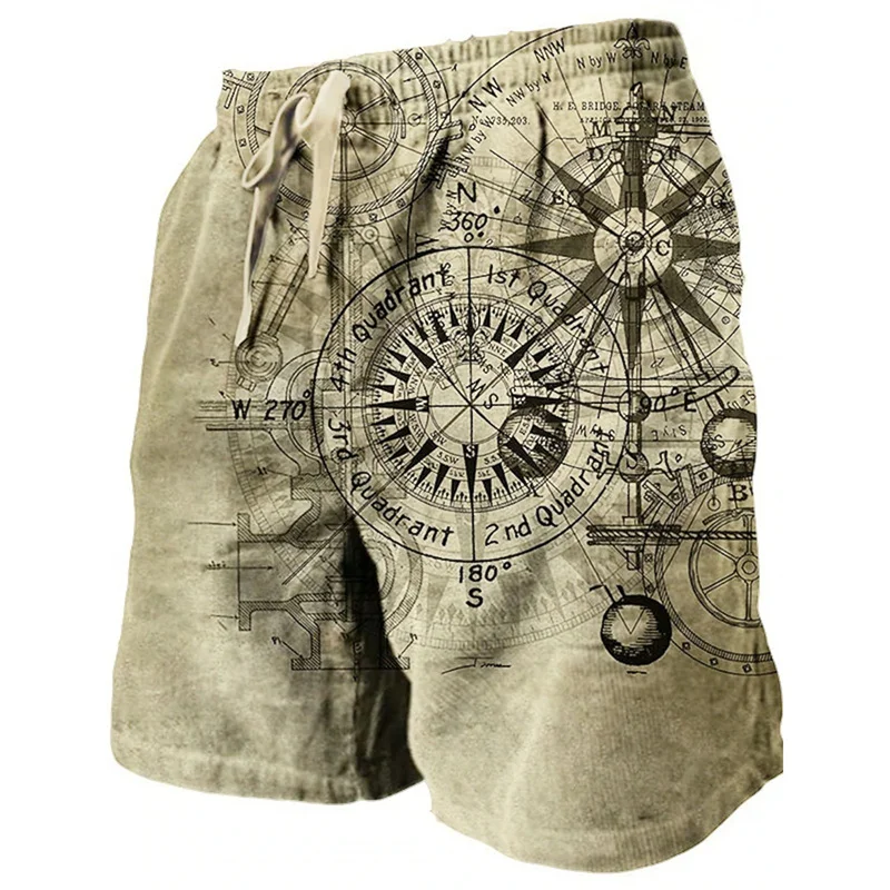 3D Printing Ship Compass Short Pants For Men Retro Pattern Swim Trunks Casual Gym Surf Hawaiian Vacation Oversize Beach Shorts