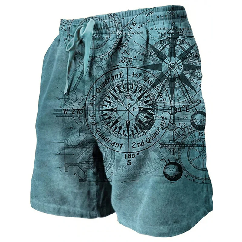 3D Printing Ship Compass Short Pants For Men Retro Pattern Swim Trunks Casual Gym Surf Hawaiian Vacation Oversize Beach Shorts