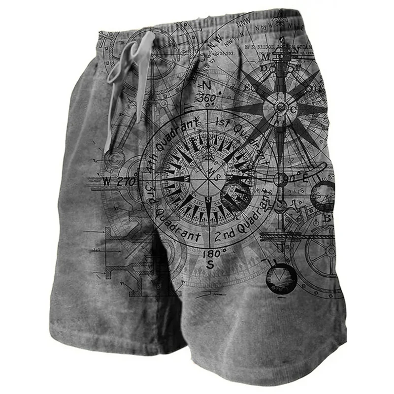 3D Printing Ship Compass Short Pants For Men Retro Pattern Swim Trunks Casual Gym Surf Hawaiian Vacation Oversize Beach Shorts