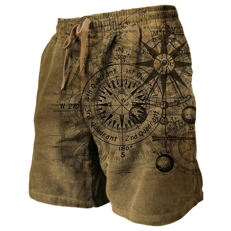 3D Printing Ship Compass Short Pants For Men Retro Pattern Swim Trunks Casual Gym Surf Hawaiian Vacation Oversize Beach Shorts