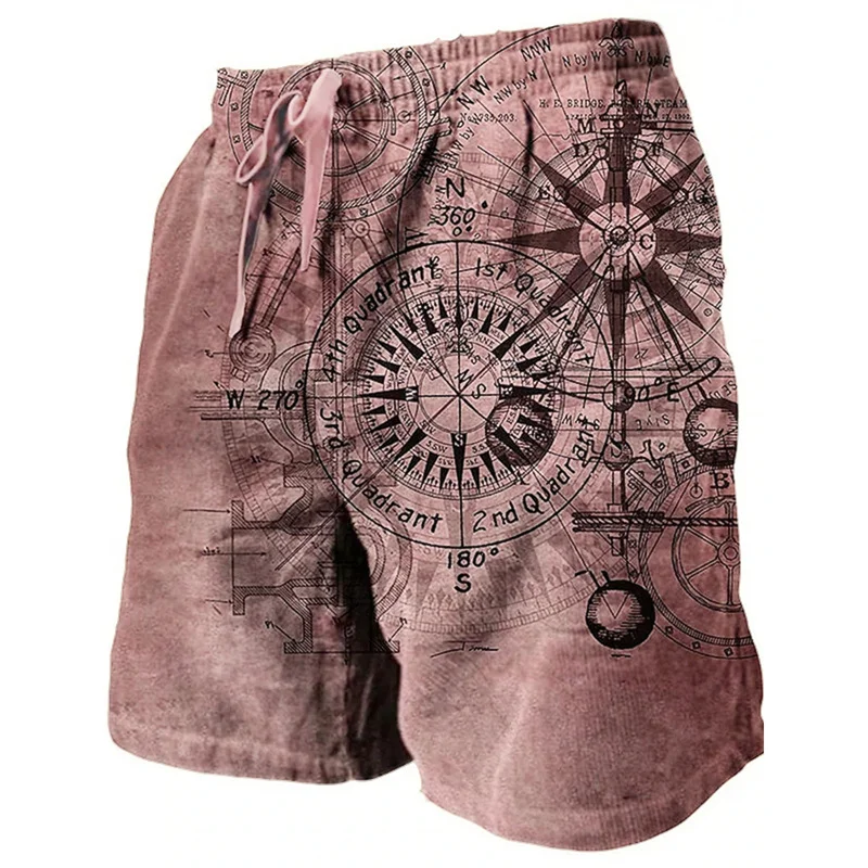 3D Printing Ship Compass Short Pants For Men Retro Pattern Swim Trunks Casual Gym Surf Hawaiian Vacation Oversize Beach Shorts