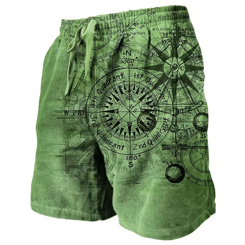 3D Printing Ship Compass Short Pants For Men Retro Pattern Swim Trunks Casual Gym Surf Hawaiian Vacation Oversize Beach Shorts