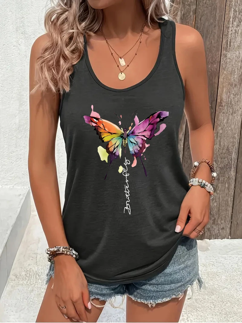 Colorful butterfly Print Women Tank Top Sleeveless Casual Summer New Crew Neck Tops for Women Clothes