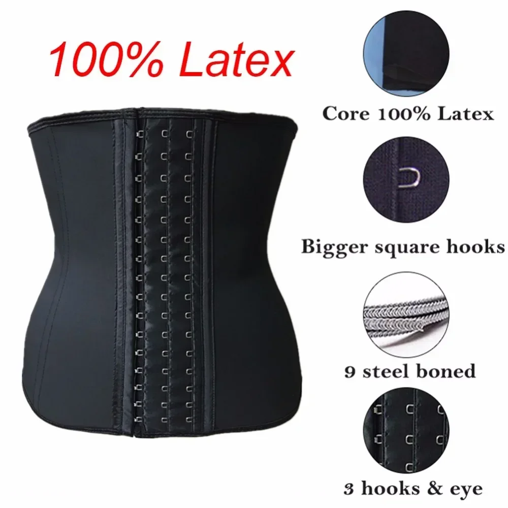 Women 9-Steel-Bone 100% Latex Rubber Girdle Waist Trainer Corsets Hourglass Body Shaper Long Torso Waist Cincher Weight Loss