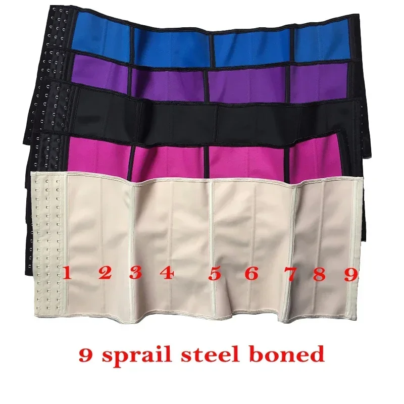 Women 9-Steel-Bone 100% Latex Rubber Girdle Waist Trainer Corsets Hourglass Body Shaper Long Torso Waist Cincher Weight Loss