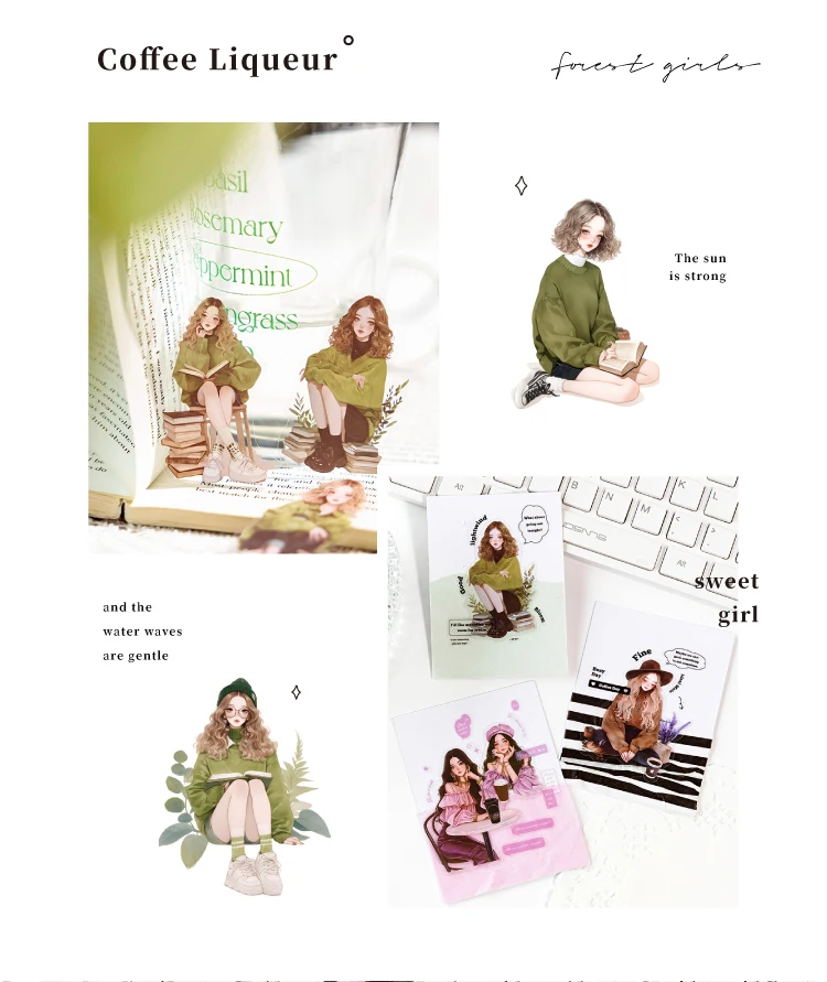 30 Sheets Cute Character PET Stickers Pack Teenage Girl Daily Collage Decoration Scrapbooking Material Sticker pack