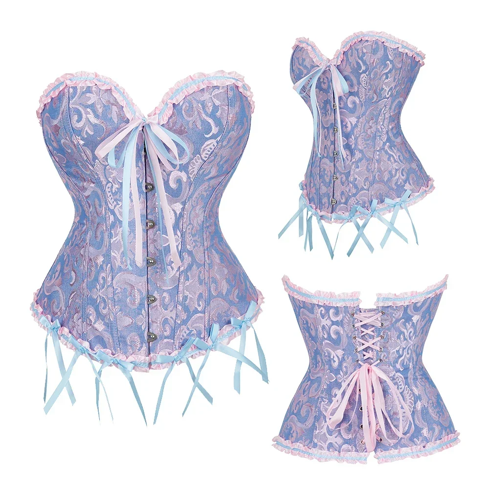 Victorian Corset Plus Size Women Sexy Overbust Bustiers Top Vintage Flower Print Lingerie Corselet Lace Korsett White Black Blue