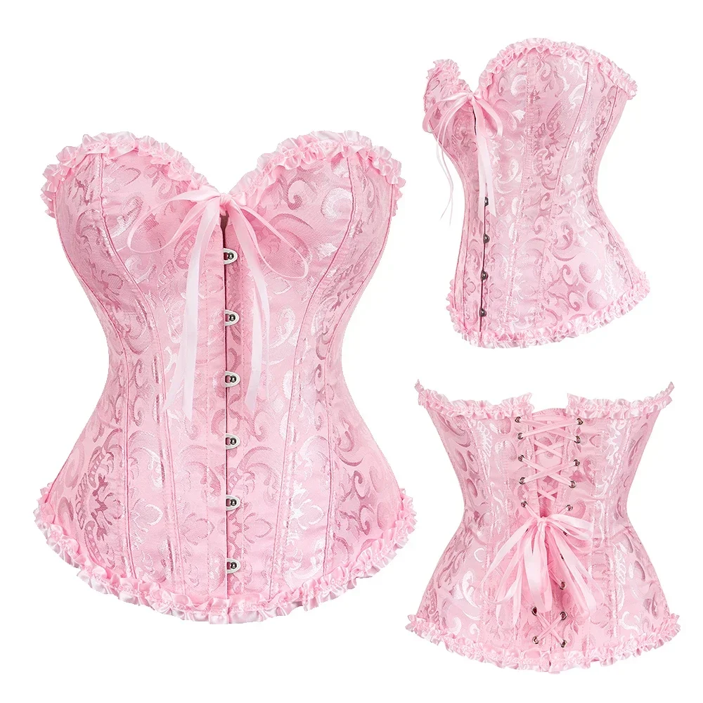 Victorian Corset Plus Size Women Sexy Overbust Bustiers Top Vintage Flower Print Lingerie Corselet Lace Korsett White Black Blue