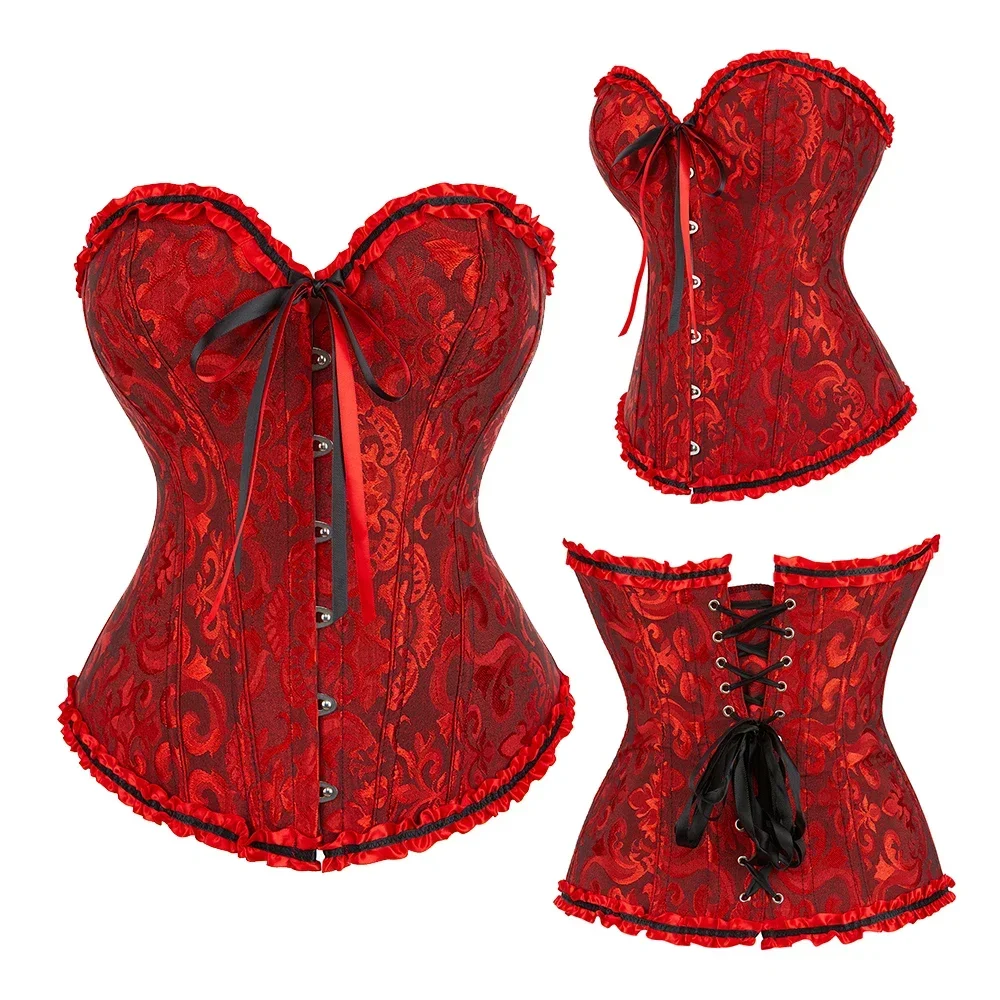 Victorian Corset Plus Size Women Sexy Overbust Bustiers Top Vintage Flower Print Lingerie Corselet Lace Korsett White Black Blue