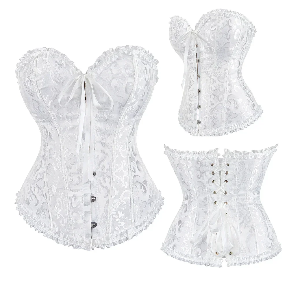 Victorian Corset Plus Size Women Sexy Overbust Bustiers Top Vintage Flower Print Lingerie Corselet Lace Korsett White Black Blue
